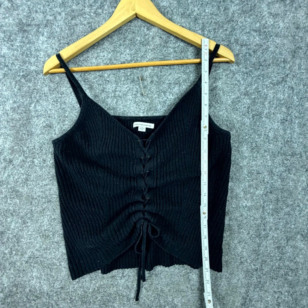 American Eagle Outfitters Cropped Knit Top Womens Large Black Ribbed Lace Up - Picture 4 of 6